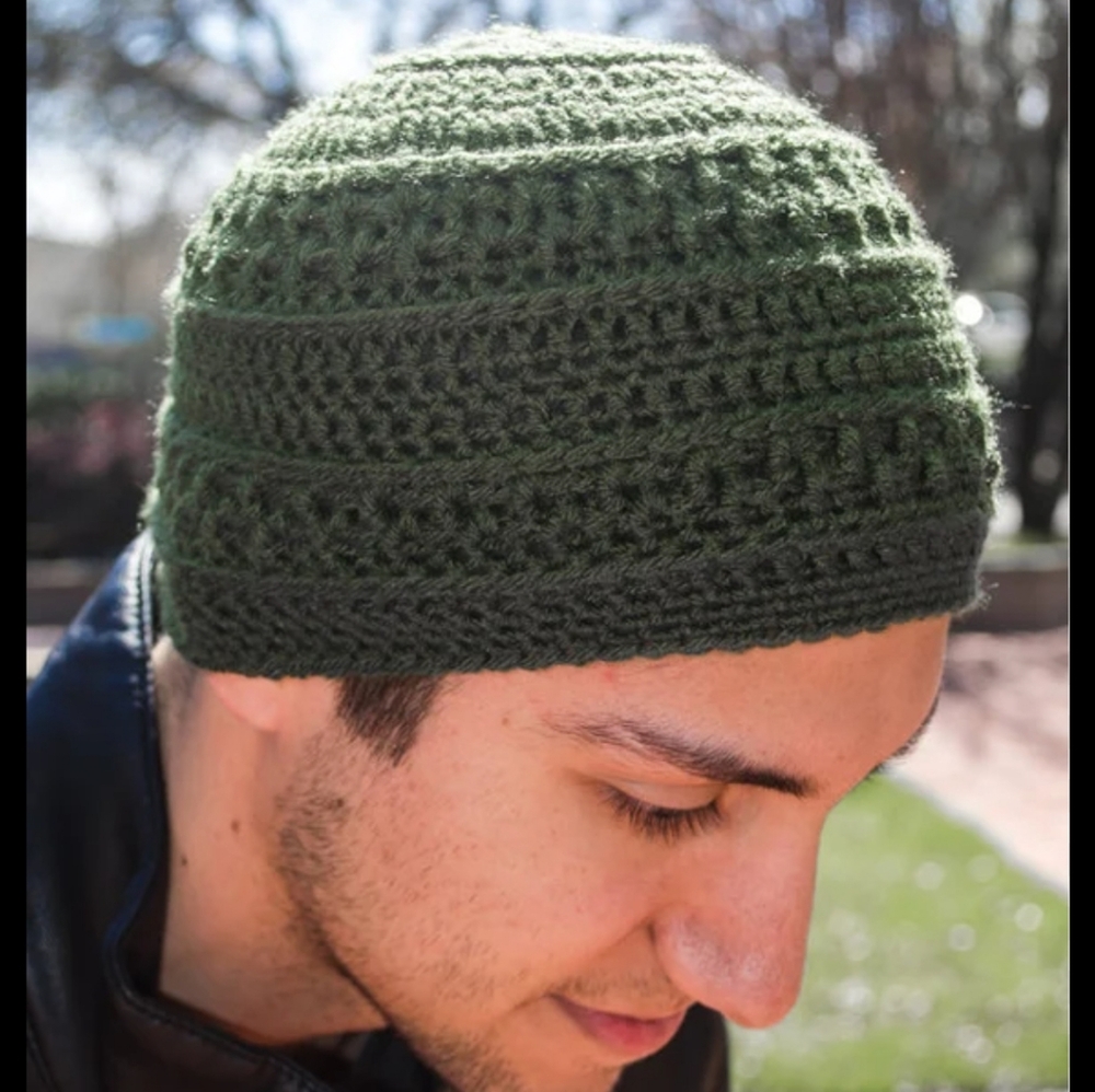 Moss Green Gold Thread Hand Crochet Beanie